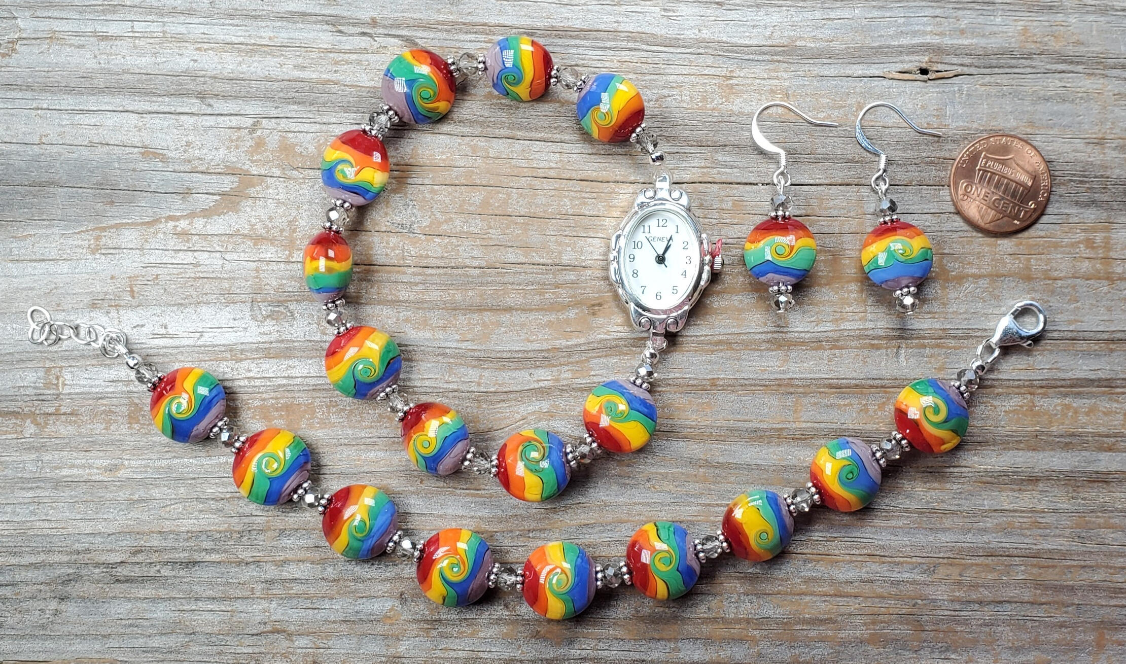 Handmade Lampwork Holiday Light Watch, Bracelet and Earrings